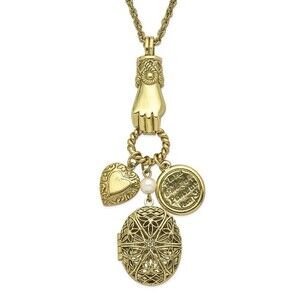 Brass-tone Hand Holding Oval Locket, Heart, Peace 30" Necklace Holds 2 Photos